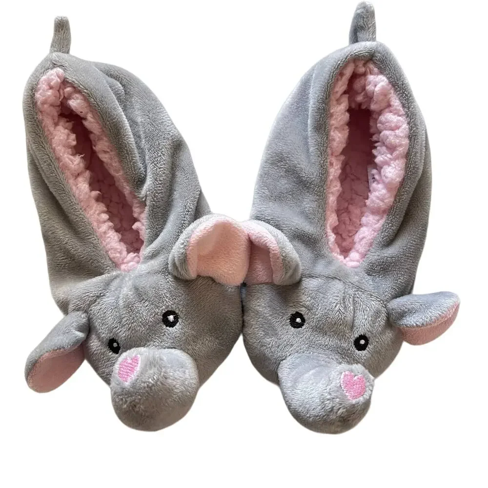 Grey & Pink Elephant Plush Slippers Never Worn Girls Size 13-1 No Tags Plush